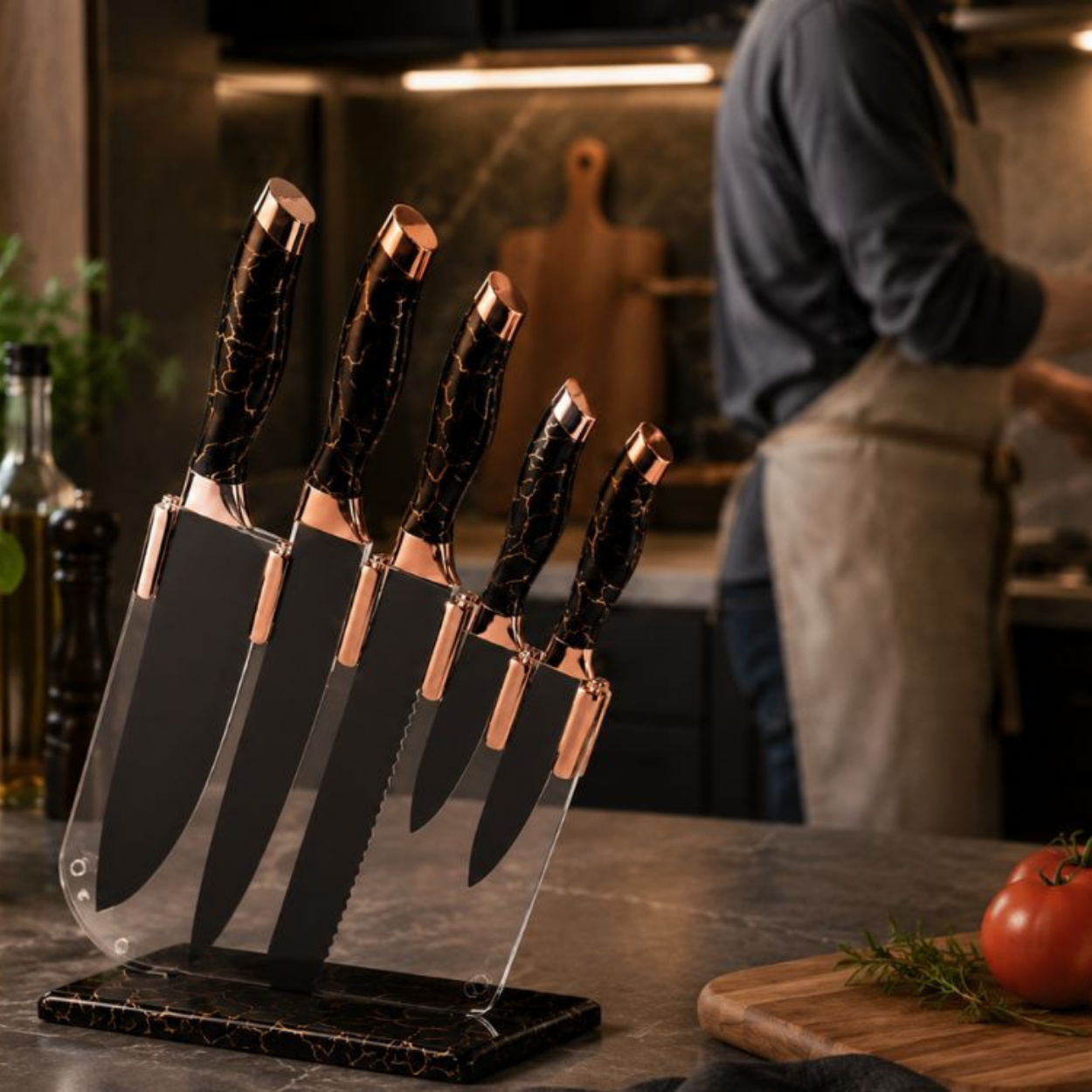 Conjunto de facas de cozinha com suporte KV-40896 - Preto / Dourado