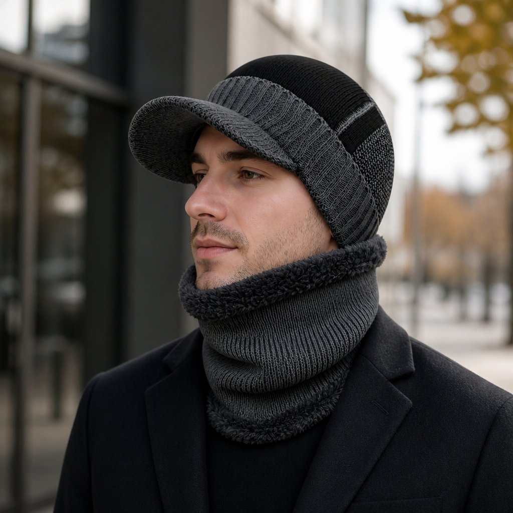 Gorro de inverno com pala e gola - Cinzento
