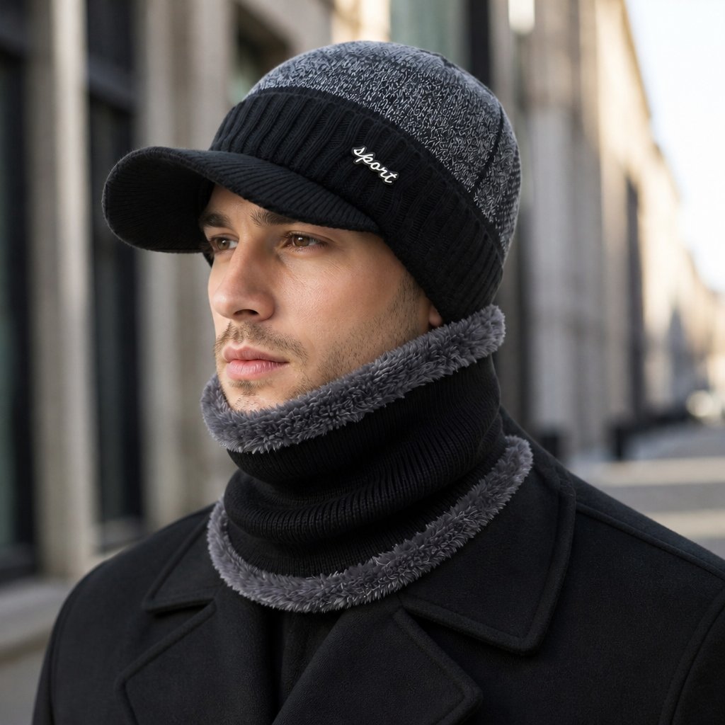 Gorro de Inverno com Viseira e Cachecol - Cinza Claro / Preto