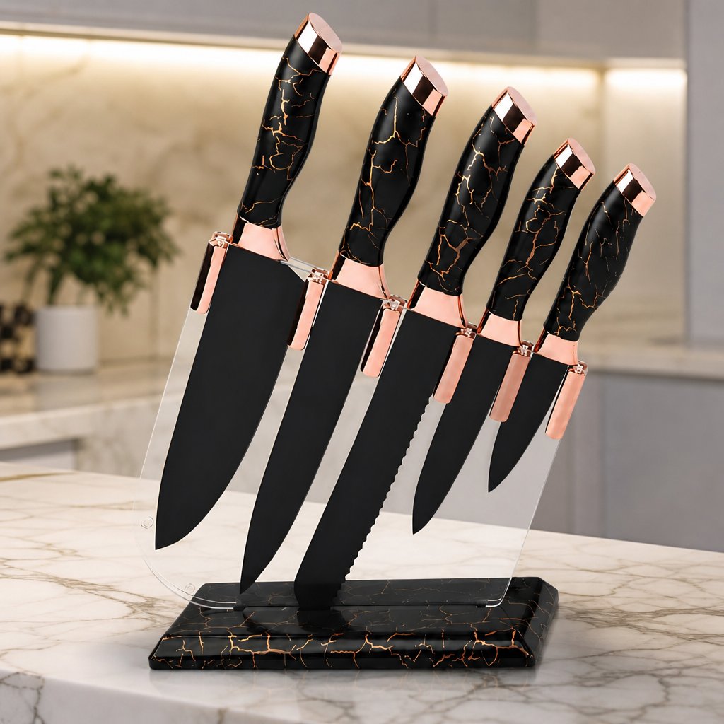 Conjunto de facas de cozinha com suporte KV-40896 - Preto / Dourado
